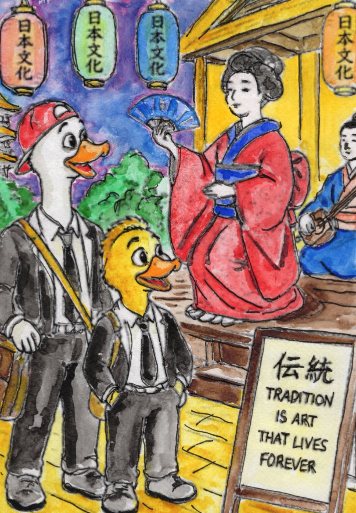 Original watercolor card showing Robert and Mike observing a traditional Japanese performance beneath hanging lanterns.