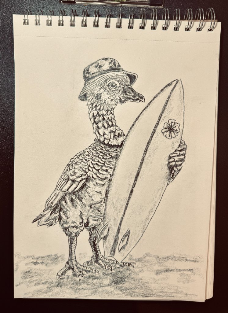 Ink sketch of a duck with bucket hat and surfboard in a spiral-bound sketchbook