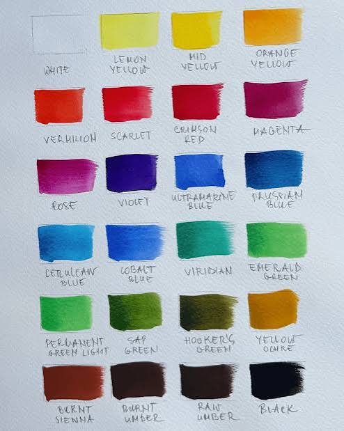 Grid of 24 watercolor paint swatches with handwritten color labels on textured paper