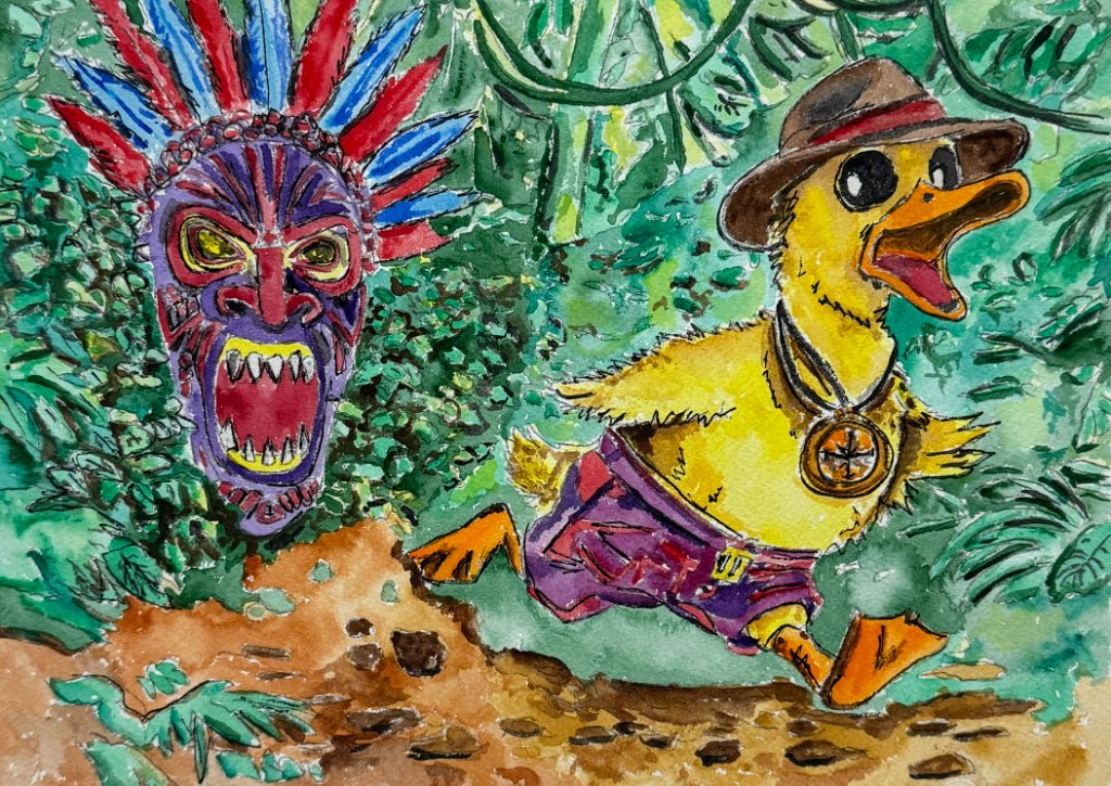 Original watercolor painting of Robert running through dense tropical foliage beside a dramatic carved tiki mask