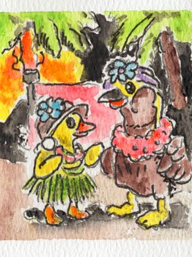 Original watercolor painting of Robert and Mike at their first island feast, wearing leis and grass skirts under tropical foliage