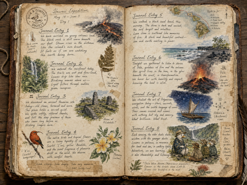 Hawaii Expedition Field Journal — watercolor and ink sketches from Robert's notebook: volcano, waterfall, heiau, I'iwi bird, black sand beach, Polynesian canoe, and three explorer ducks