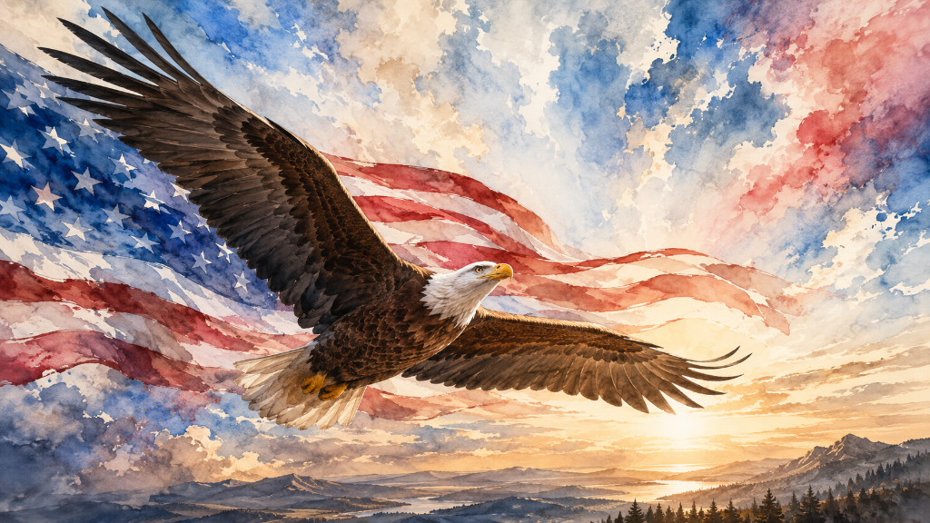 A bald eagle in mid-flight over a watercolor American flag landscape with mountains and golden sunset light