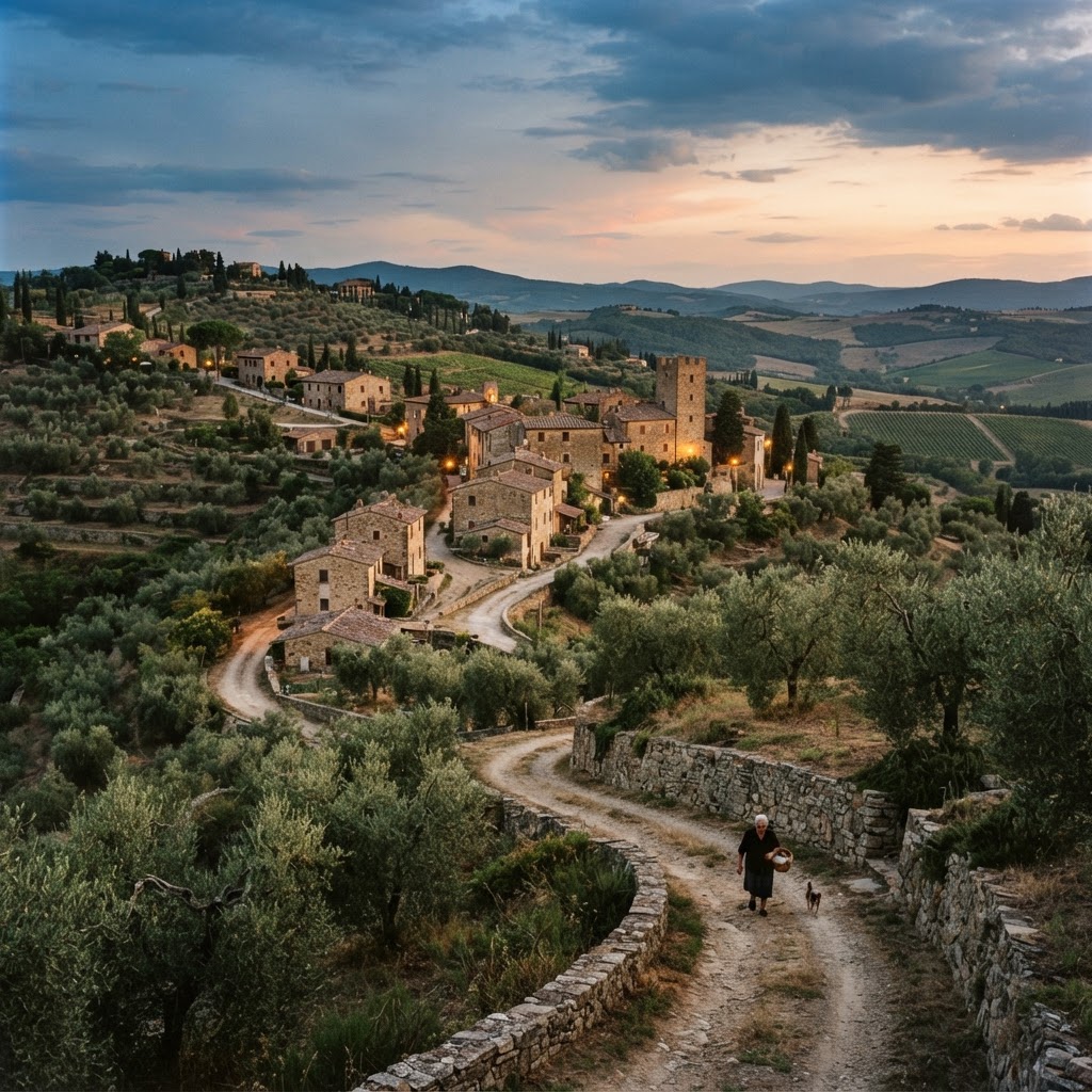 A European hillside at dusk