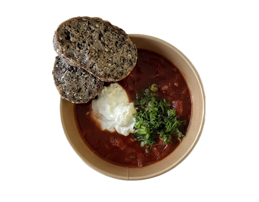 Borscht with Beef and Green Buckwheat Bread