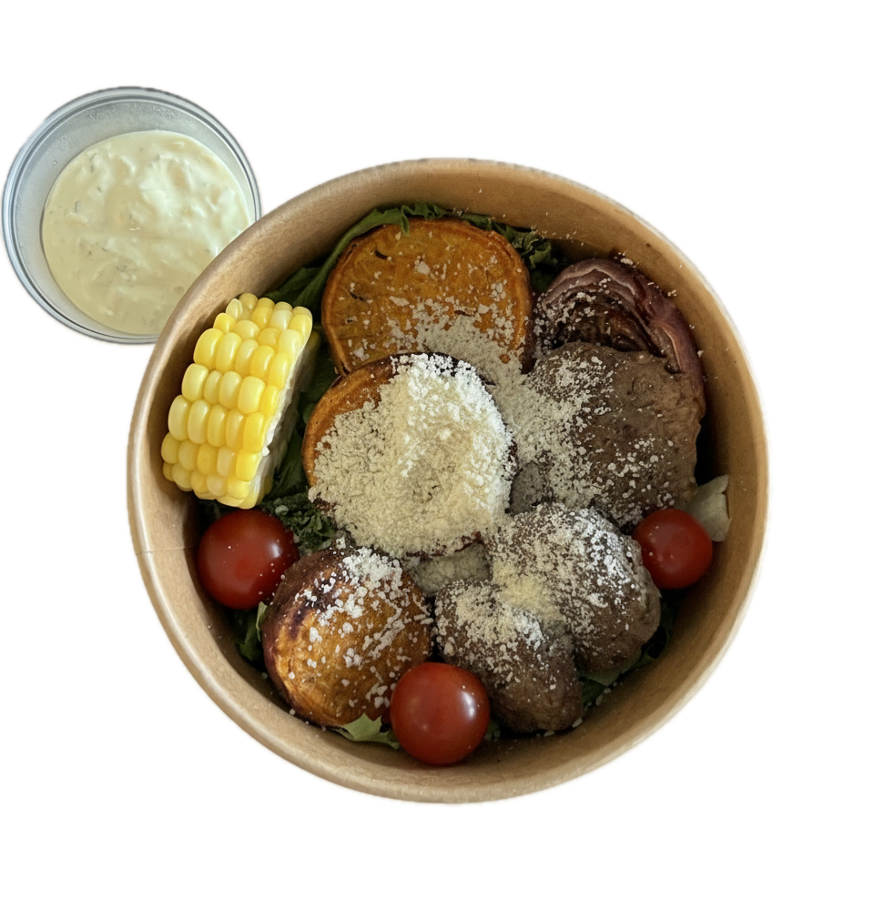 Burger Bowl with Beef Patty and Sweet Potato