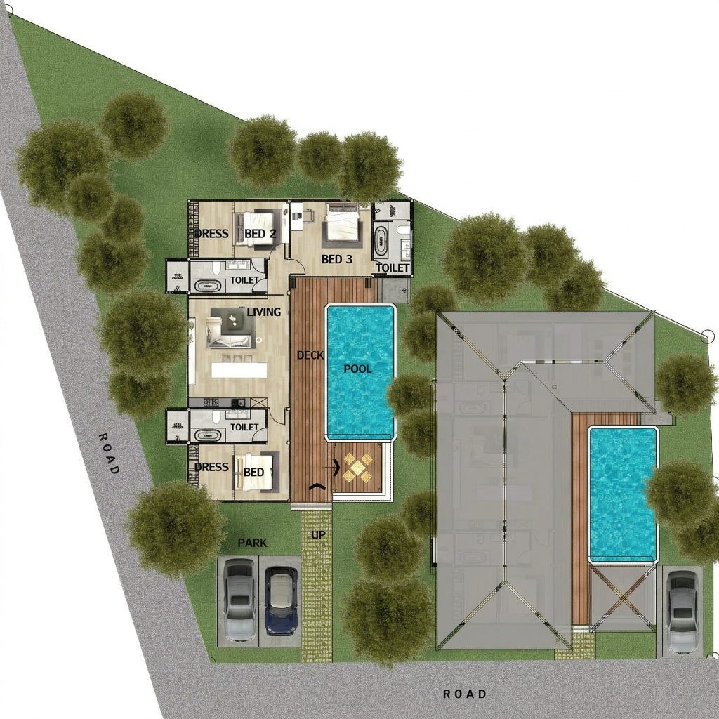 Floor plan — 3 beds, pool, parking