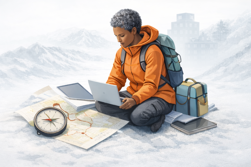 Woman with laptop on mountain