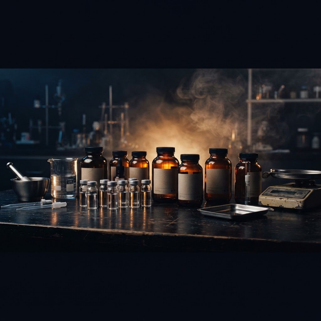 Viales y suplementos en laboratorio con luz ámbar