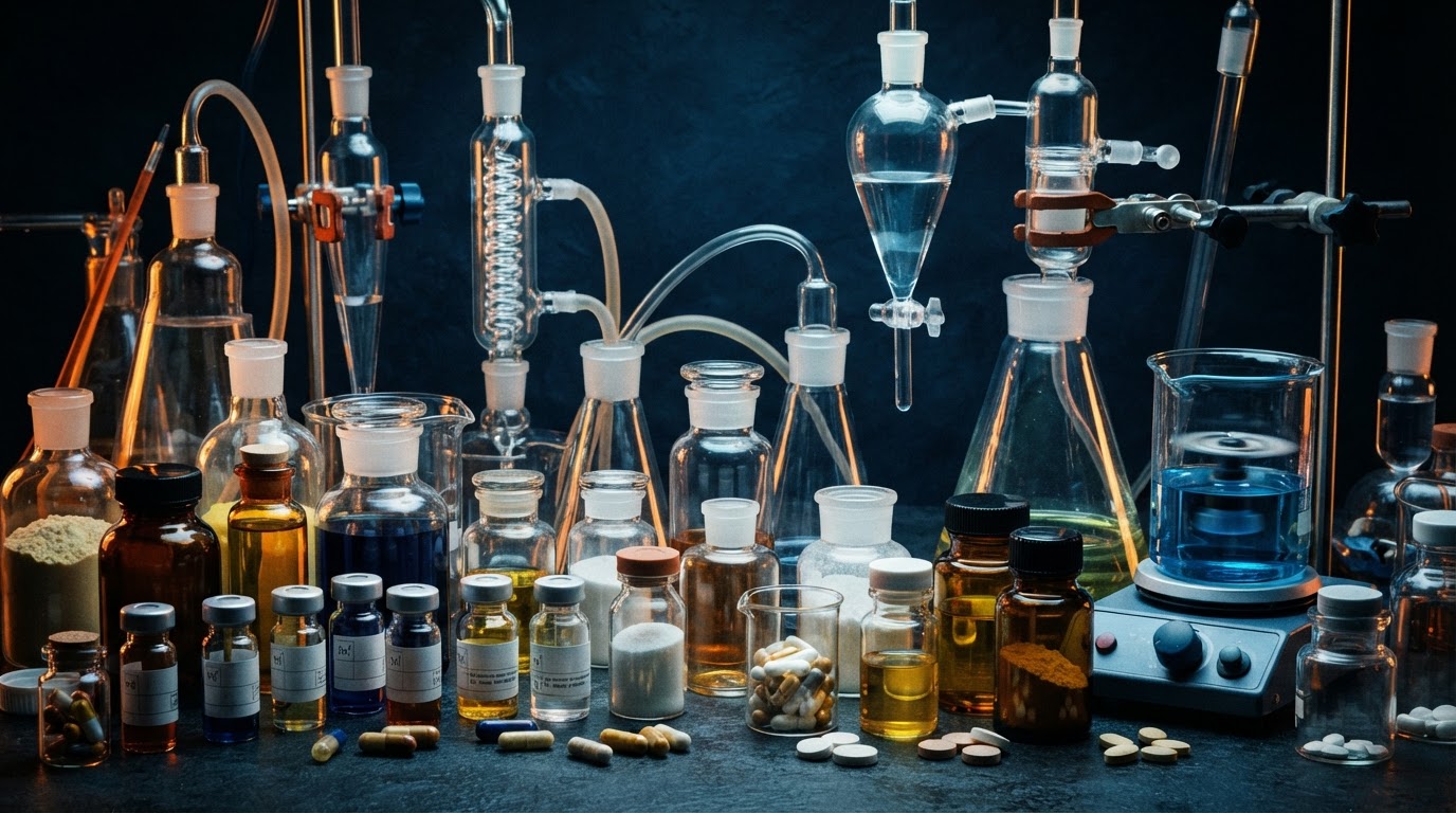 Viales y suplementos en laboratorio con luz cian