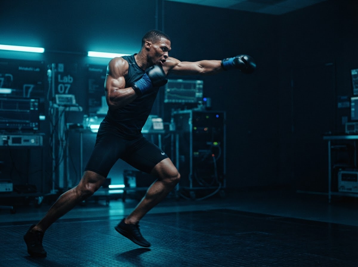 Atleta híbrido de velocidad y boxeo bajo luces frías