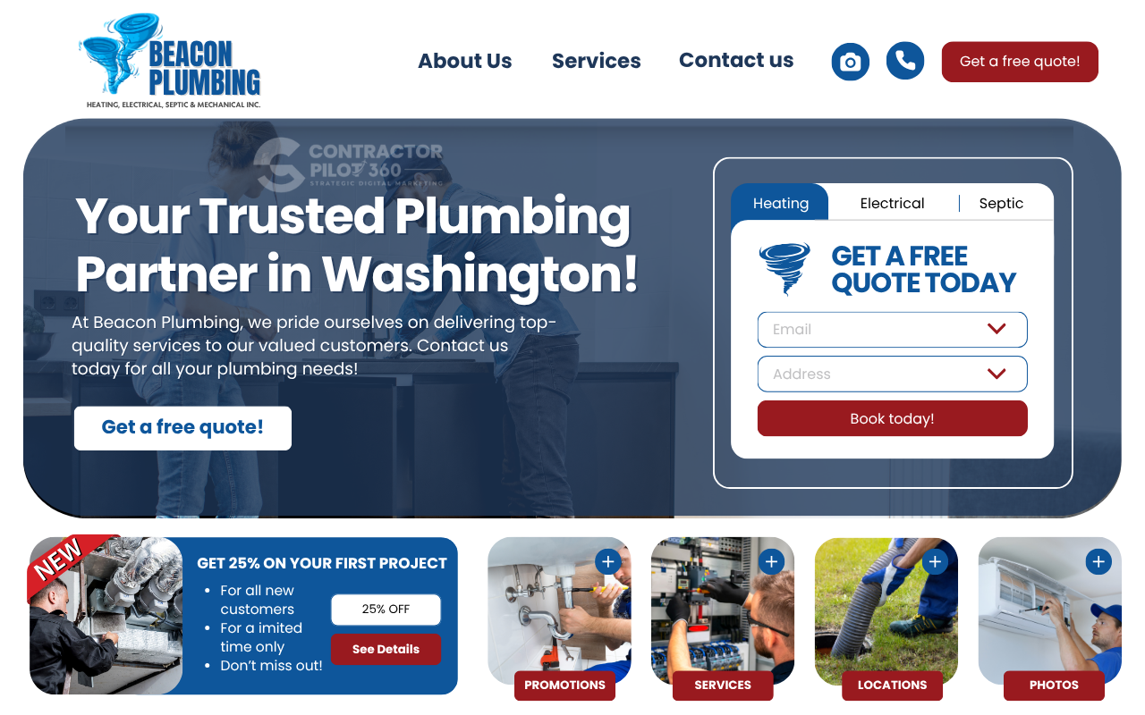 Beacon Plumbing website design with lead capture form and service tabs