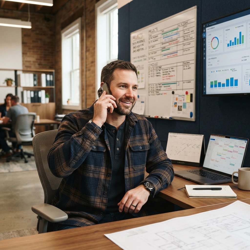 Contractor in a flannel shirt on a phone call with calendar and lead tracking dashboard visible