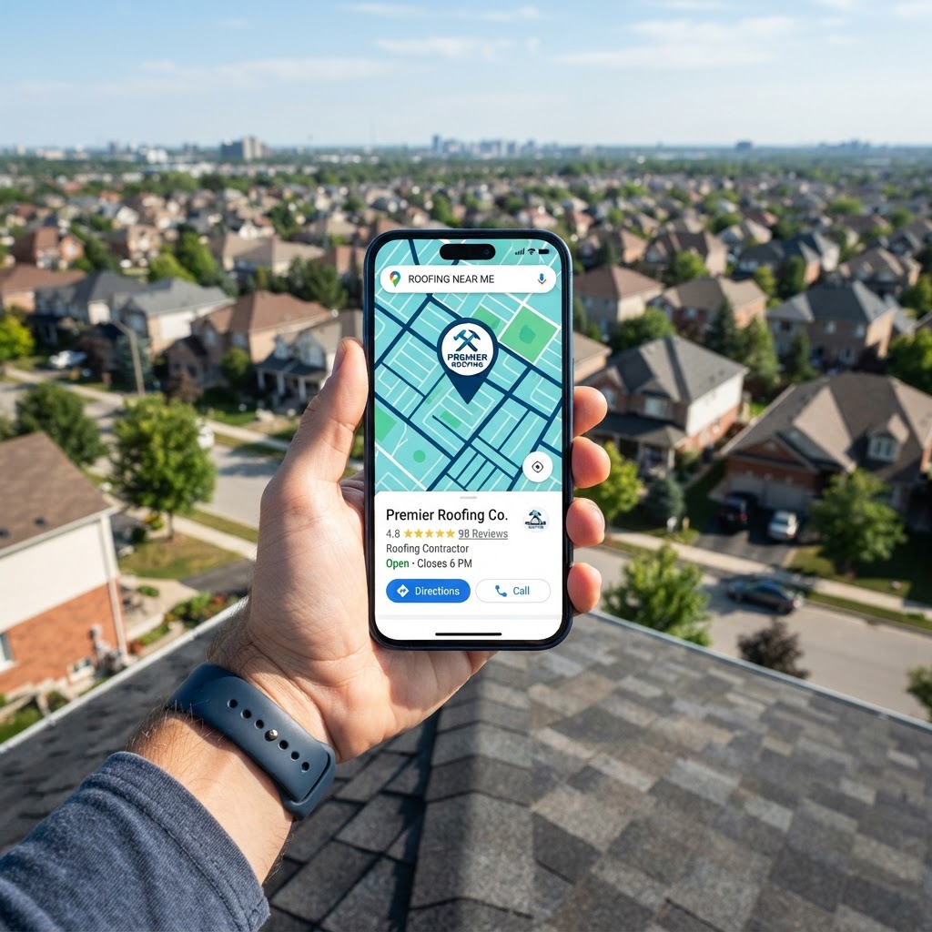 Smartphone showing a roofing company's Google Maps listing over a residential neighborhood