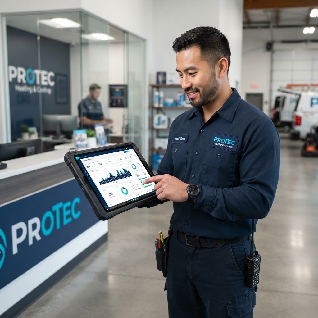 HVAC technician using a tablet with digital marketing dashboard in a home service setting