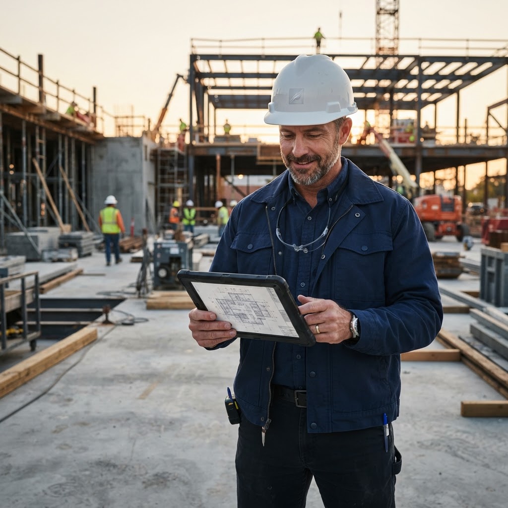 Construction contractor reviewing marketing blueprints on a tablet at a job site