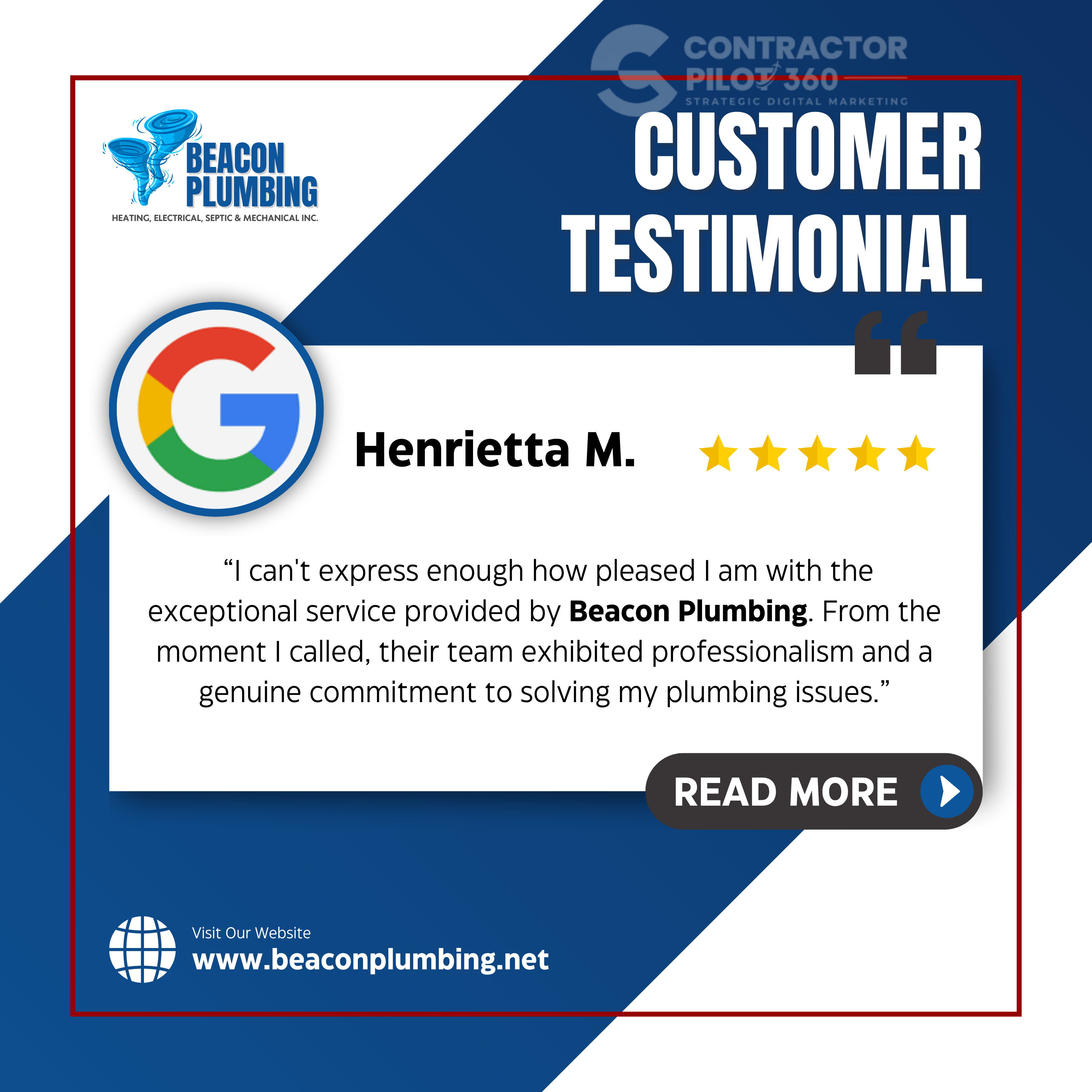 Customer testimonial social media graphic for Beacon Plumbing
