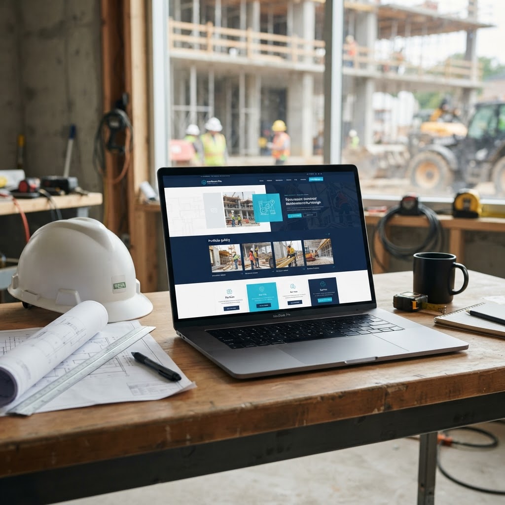 Modern laptop displaying a sleek contractor website design on a construction site desk
