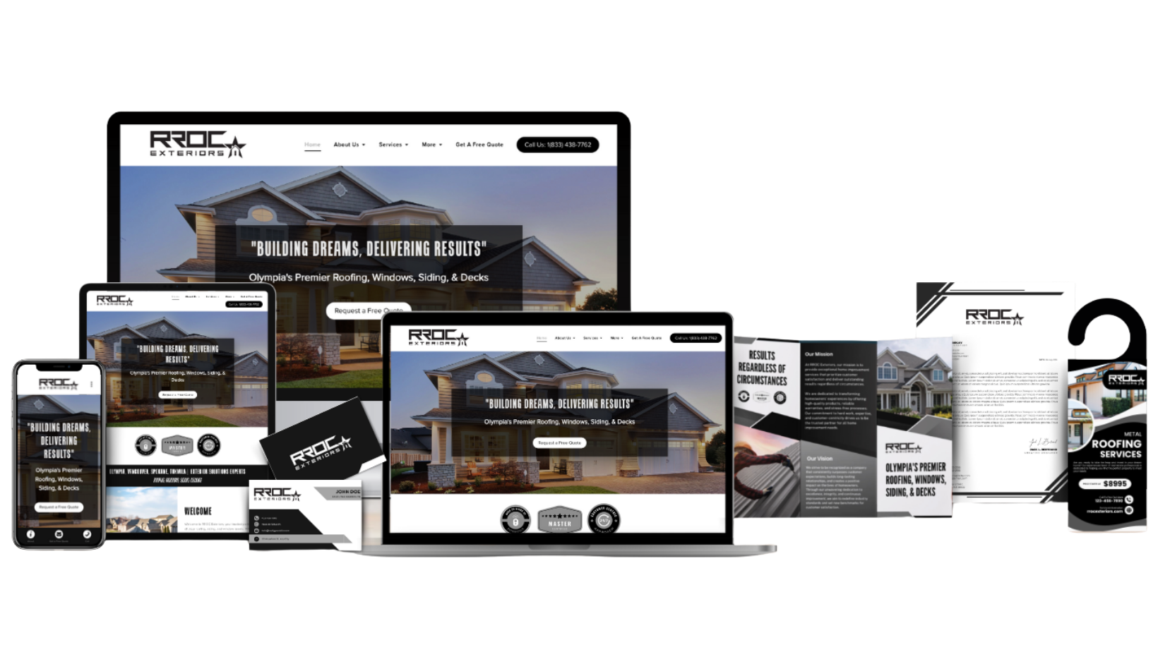 Business starter branding package with website mockups, business cards, brochures, and door hangers