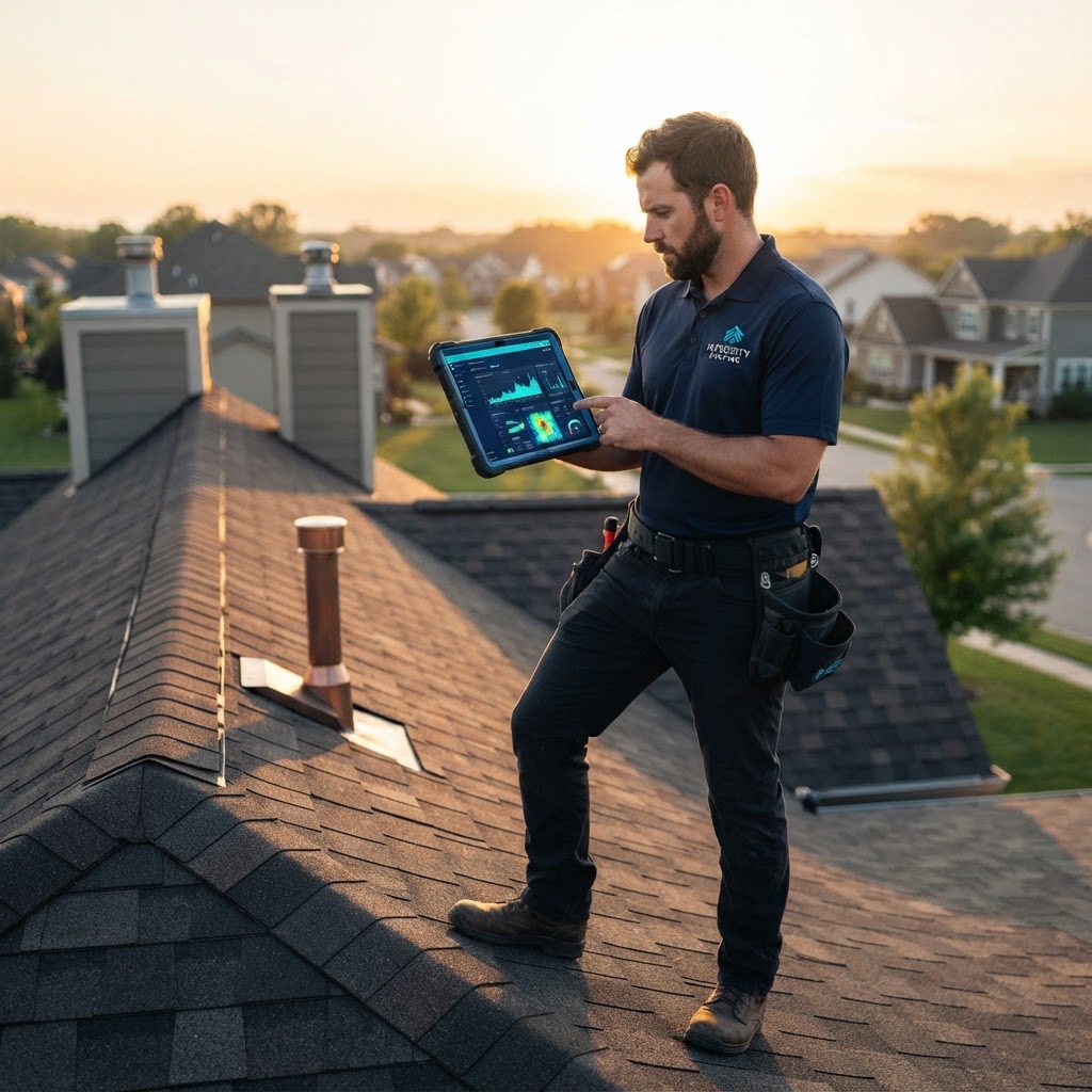 Roofing contractor reviewing marketing analytics on a tablet while standing on a residential roof