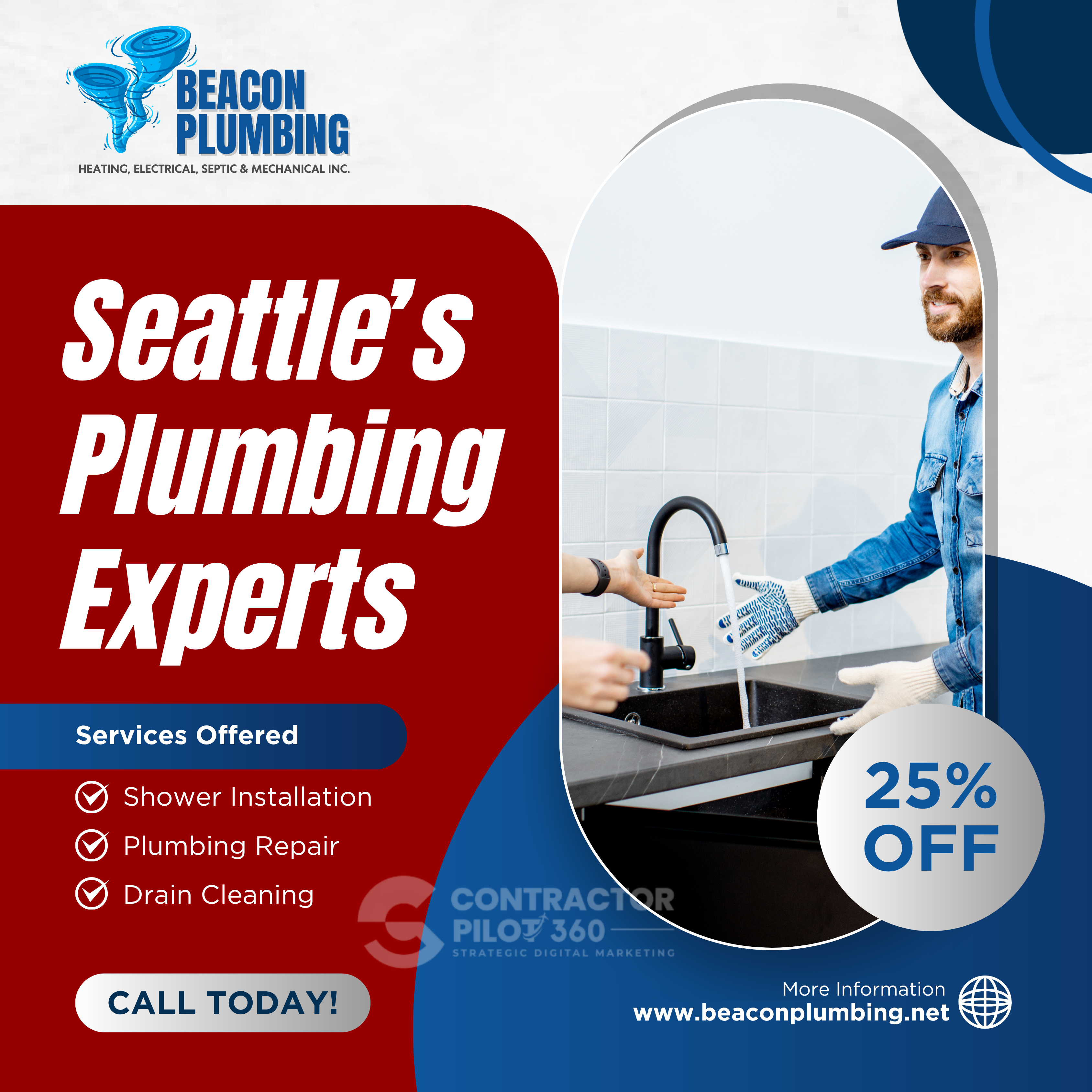 Beacon Plumbing promotional social media post with service offerings
