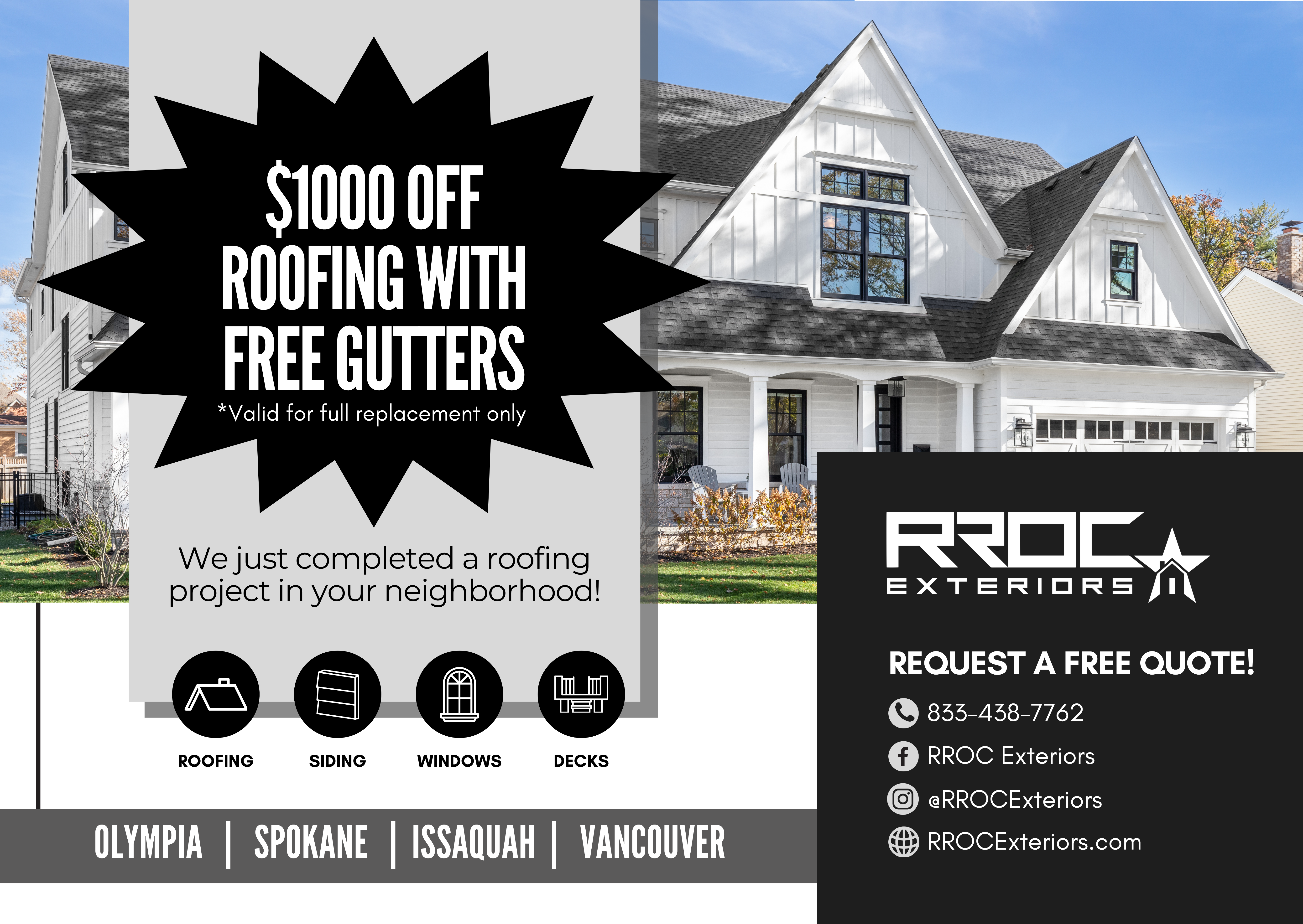 Direct mail postcard with promotional roofing offer