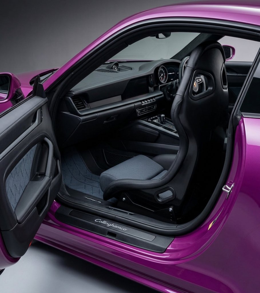 Collinghamco Bucket Seat in Purple Porsche 911 (992) — Midnight Blue Porsche Logo Fabric Inserts with Matching Door Cards