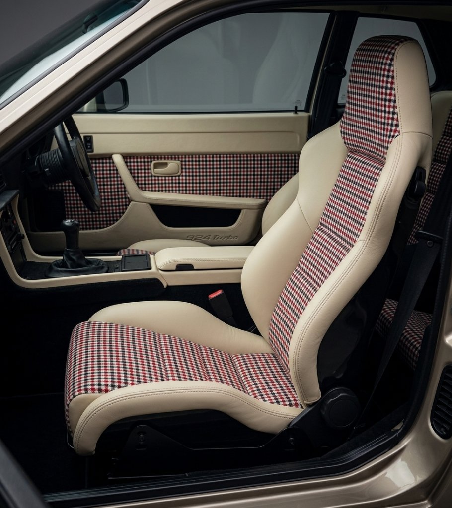 Porsche 924 Turbo Custom Seats & Door Cards in Red Houndstooth & Cream Leather
