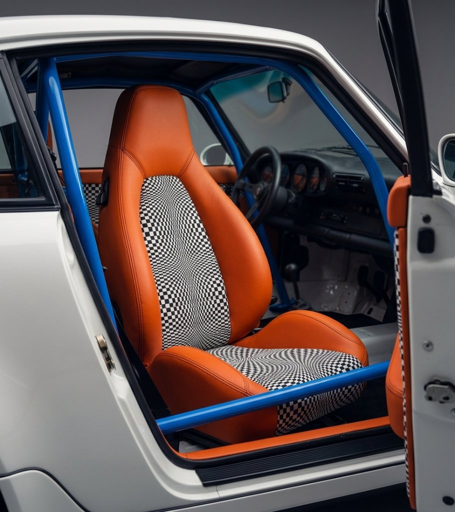 Collinghamco Bucket Seats — Orange Leather with Heritage Pepita Checker Center Insert