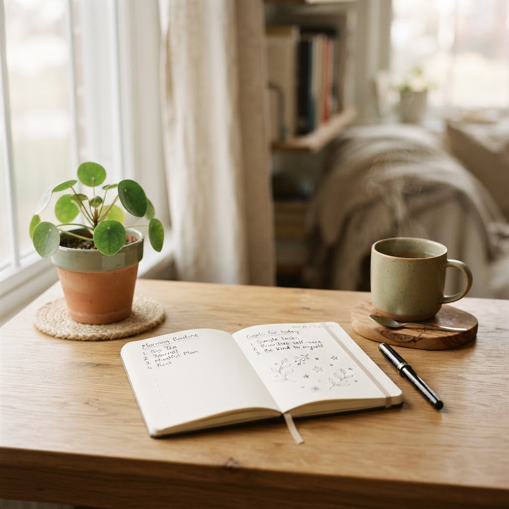 A calm desk corner with a notebook and tea, representing gentle productivity
