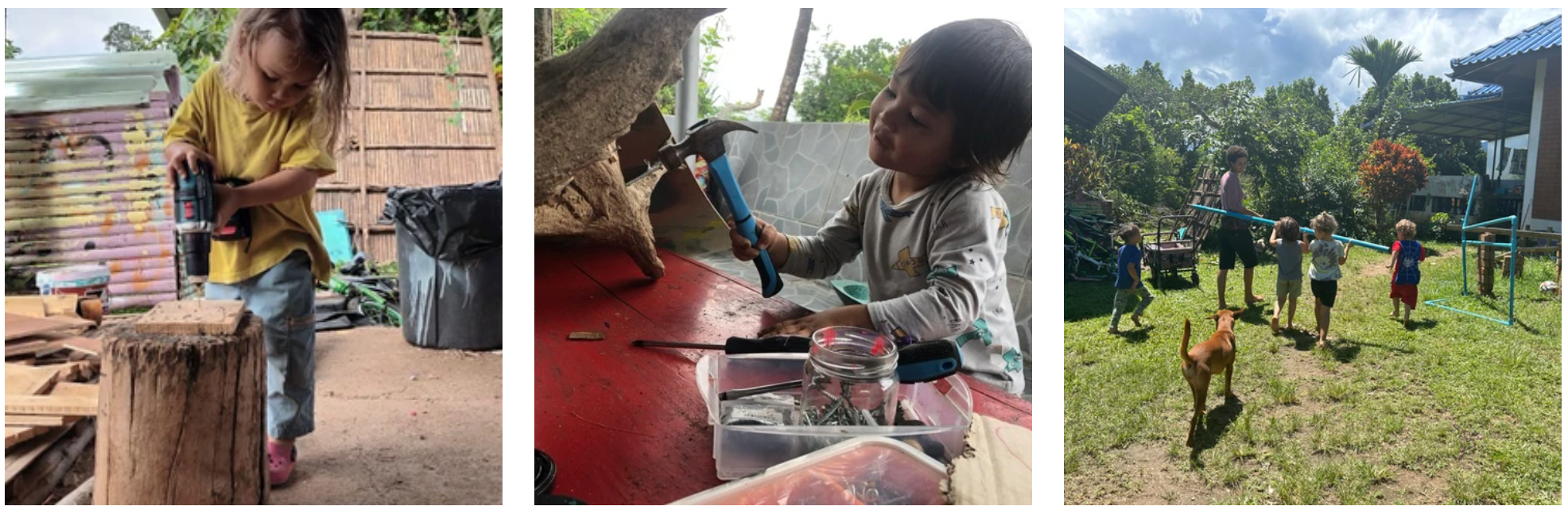A child using a power drill on wood, a child with a hammer and a tray of tools, and children carrying a long pipe across the yard