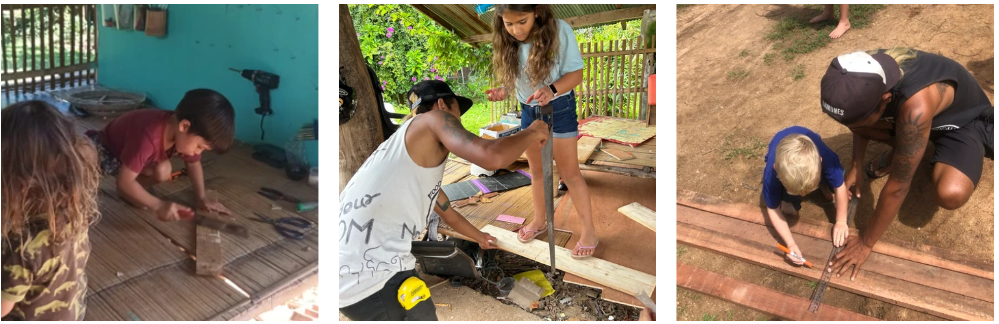 A child sawing wood on a woven mat, a guided sawing lesson outdoors, and a child measuring a wooden board with a ruler