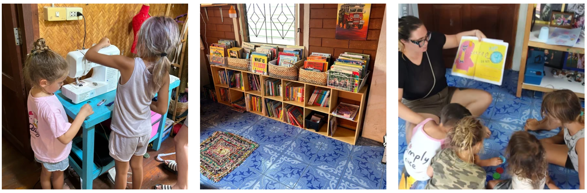 Children sewing at a turquoise table, the library shelves filled with books, and a story being read aloud on the floor