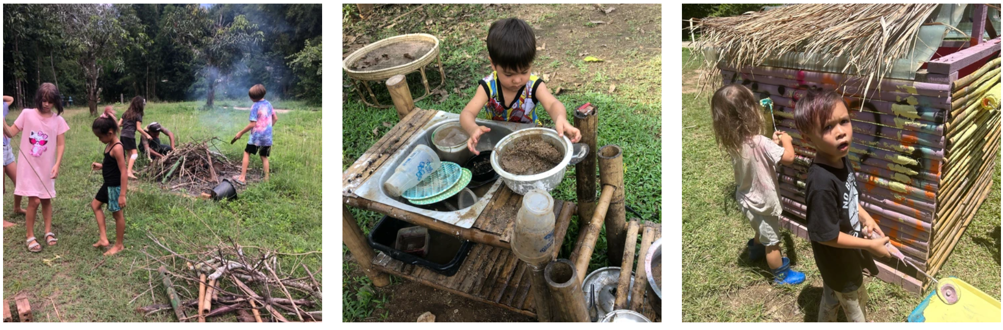 Children gathered around a small brush fire outdoors, a child playing at a bamboo mud kitchen, and two children painting a bamboo structure