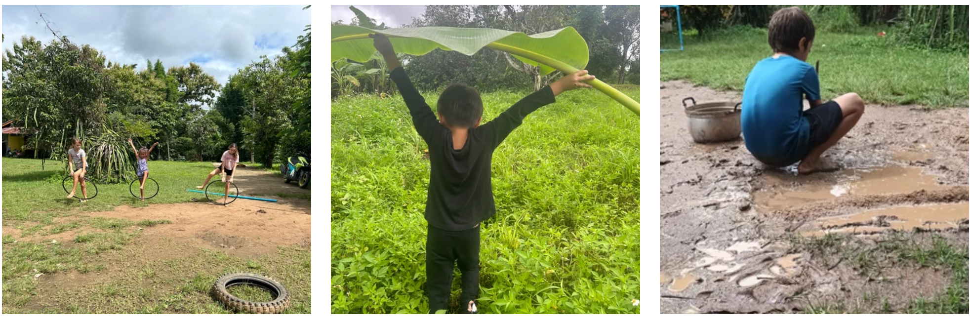 Children with hula hoops on a dirt path, a child sheltering under a banana leaf, and muddy play by a small pool