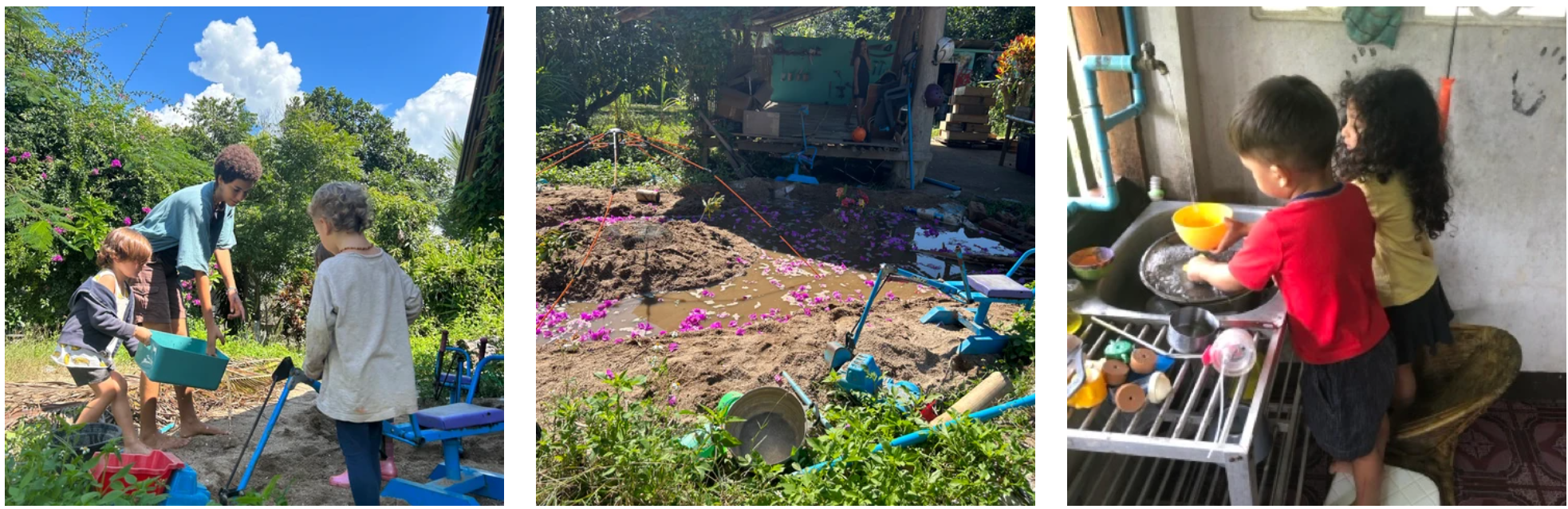 Sand and water play outdoors, a mud kitchen scattered with bougainvillea petals, and children washing dishes at the sink