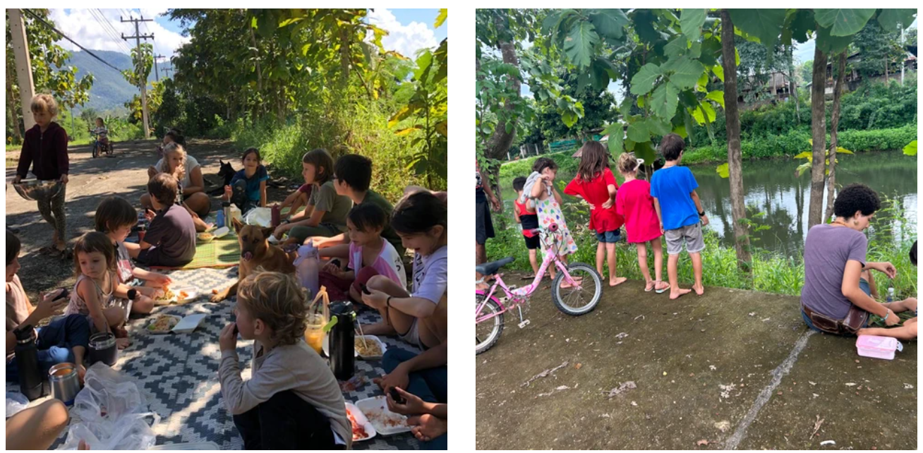 Children sharing a meal together on a mat outdoors, and a group gathered at the edge of a pond