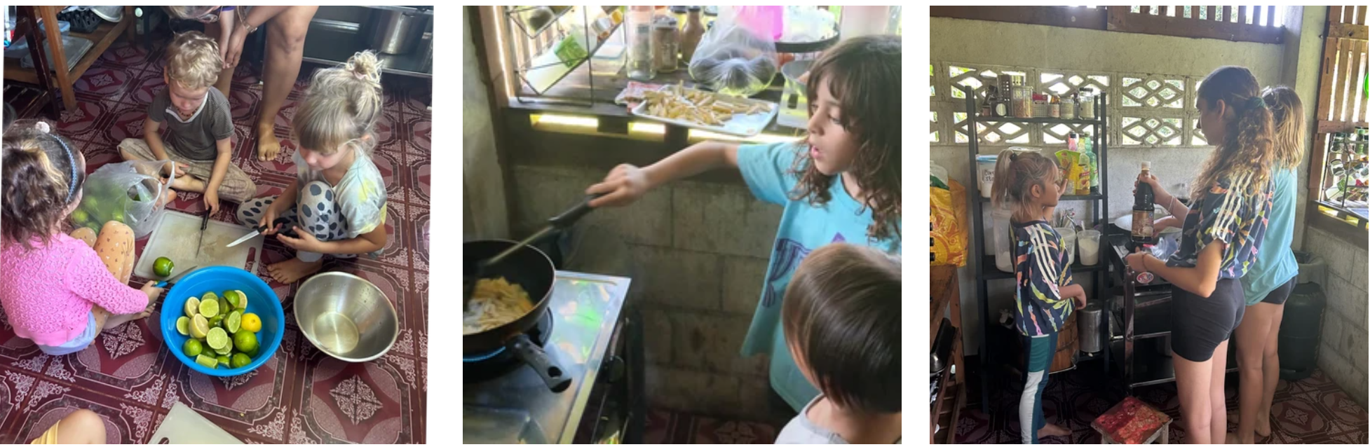 Children prepping food together, stirring a pan on the stovetop, and exploring bottles in the kitchen