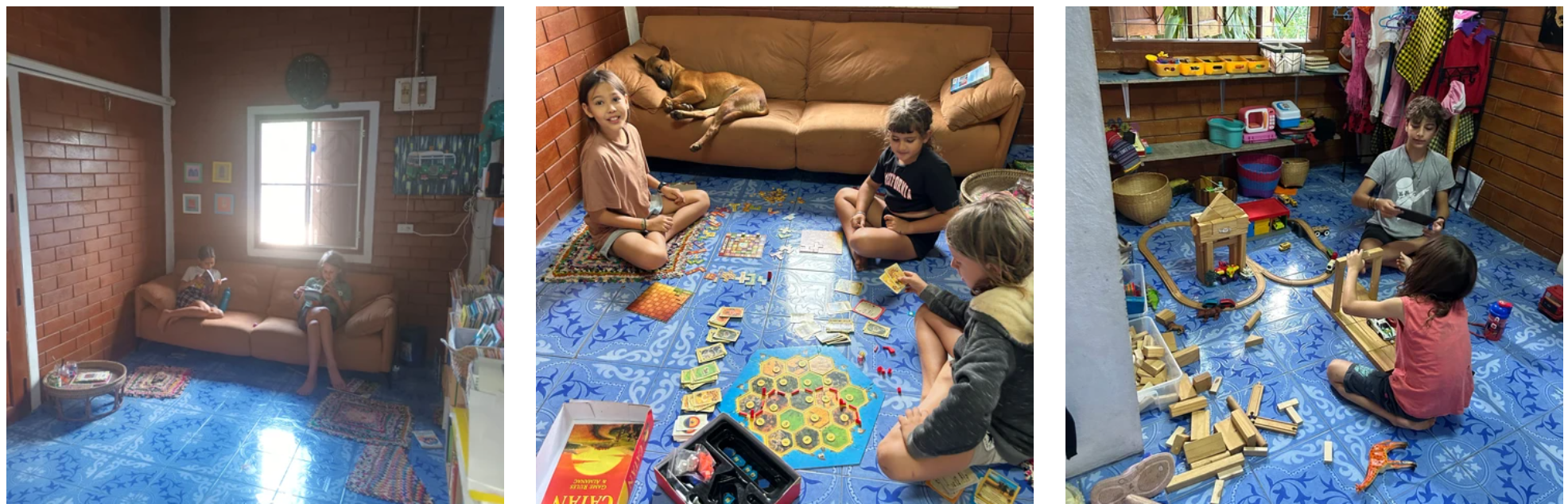 Two children reading on the couch, a group playing a board game on the floor, and children building with wooden tracks and blocks