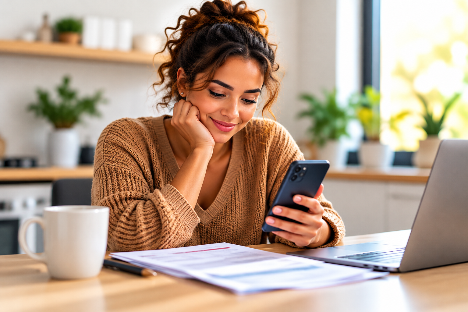 Woman smiling while using her phone at home