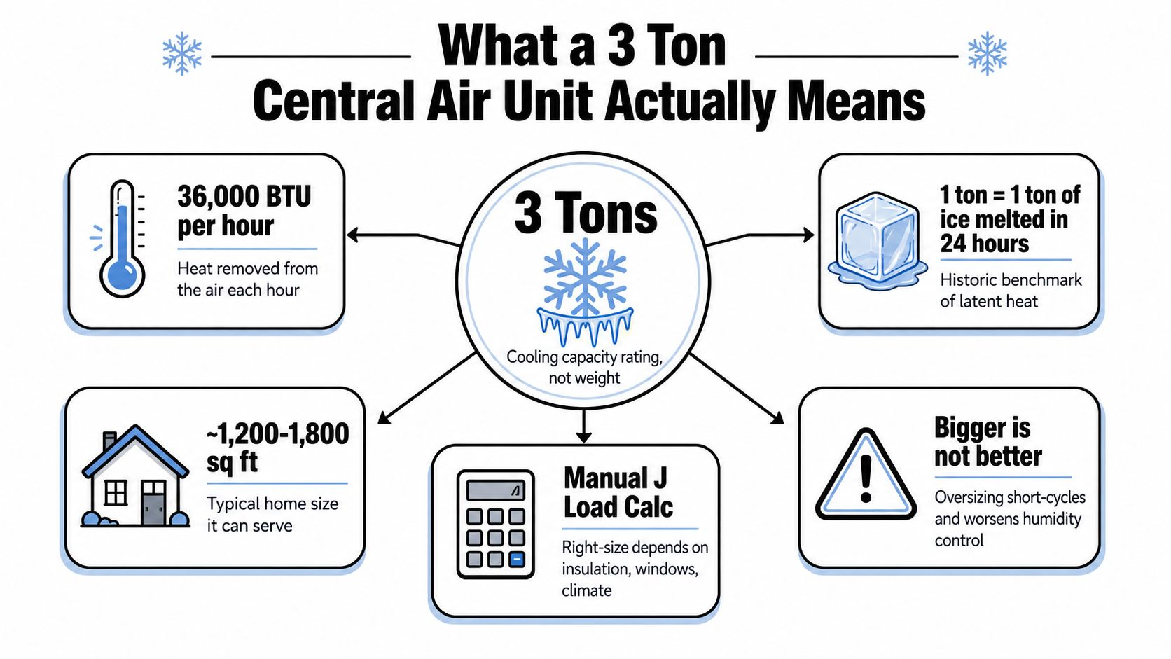 What a 3 ton central air unit means including 36000 BTU per hour, ice melt benchmark, square footage, and Manual J sizing