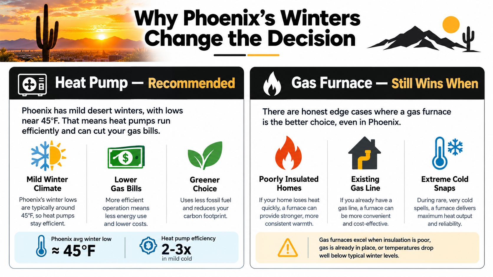 Why Phoenix winters change the heat pump vs gas furnace decision, with mild winter lows near 45 degrees