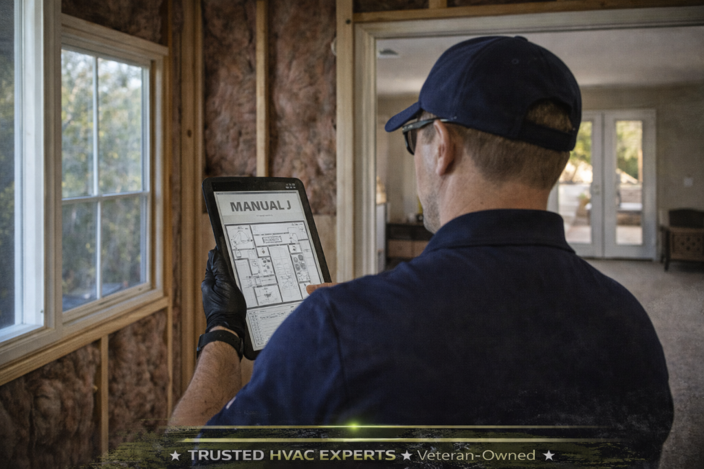 Professional HVAC technician conducting load calculation on Arizona home showing insulation, window exposure, and solar gain factors