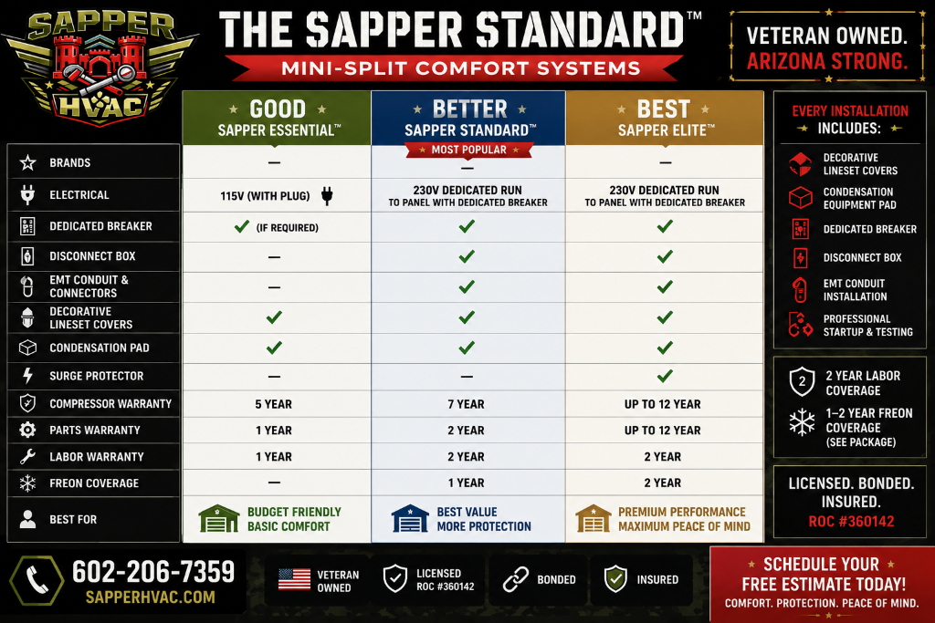 The Sapper Standard™ Mini-Split Package Comparison — Good, Better, Best tiers showing included features, warranties, and pricing for Arizona homeowners