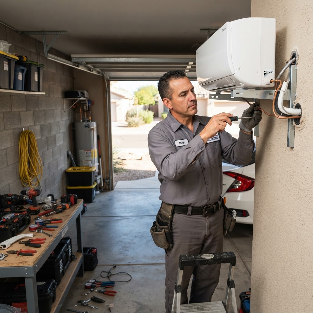 Sapper HVAC technician installing a garage mini split in Phoenix AZ