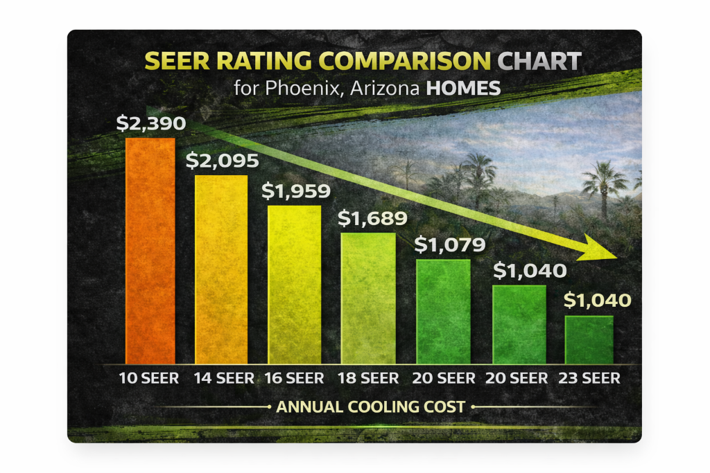 Chart comparing SEER ratings (10, 14, 16, 18, 20, 23 SEER) and annual cooling costs for Phoenix Arizona homes