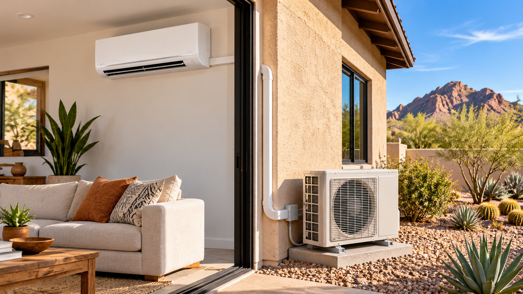Professional mini split indoor and outdoor units installed on an Arizona home with desert landscape