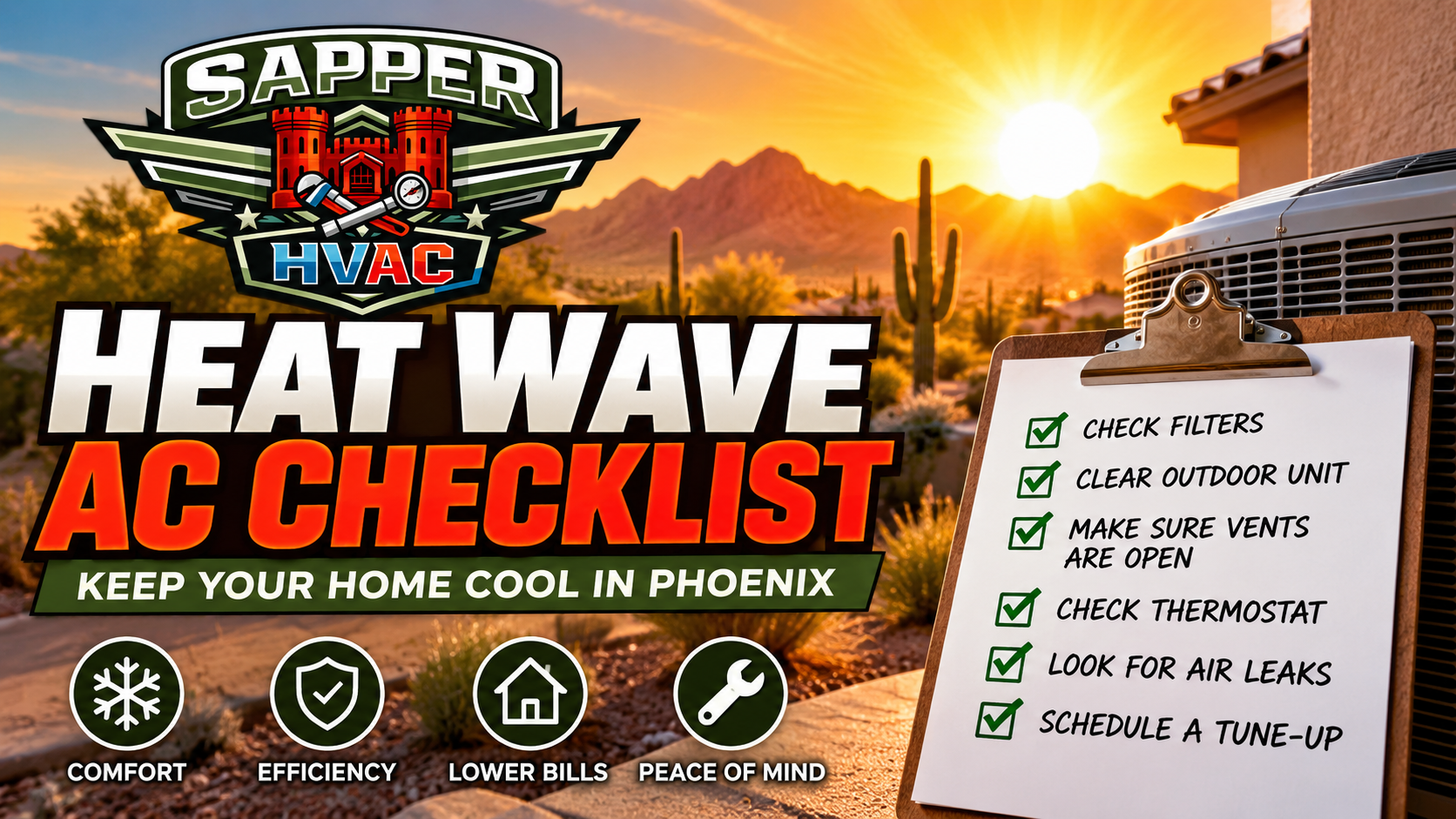 Sapper HVAC technician servicing an outdoor AC condenser during a Phoenix AZ heat wave