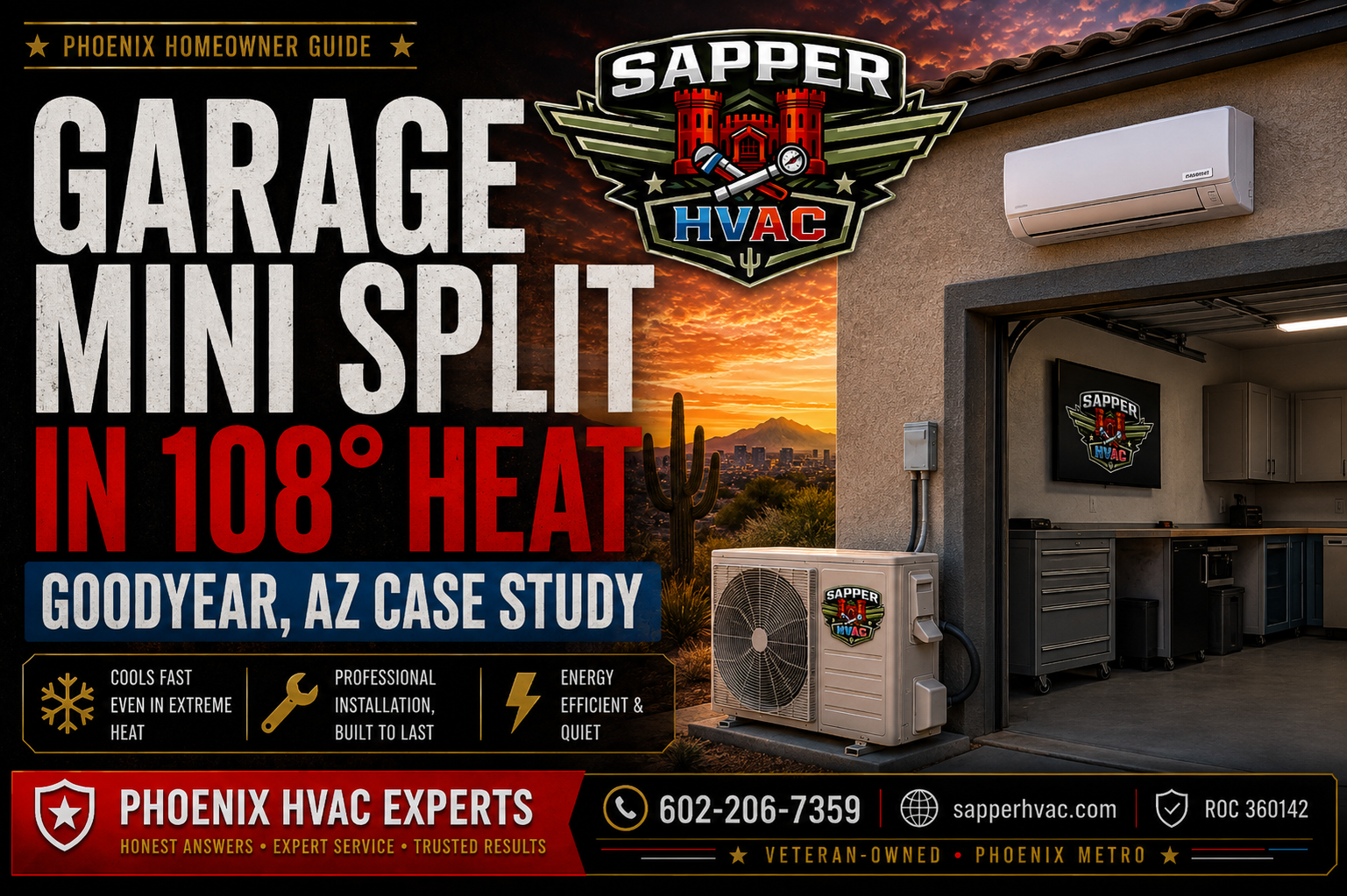 Garage mini split in 108 degree heat Goodyear AZ case study from Sapper HVAC
