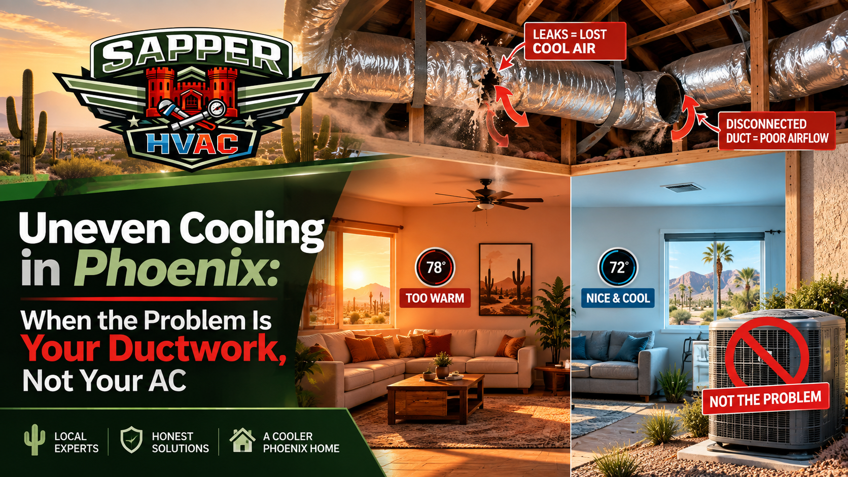 Sapper HVAC technician inspecting attic ductwork in a Phoenix AZ home